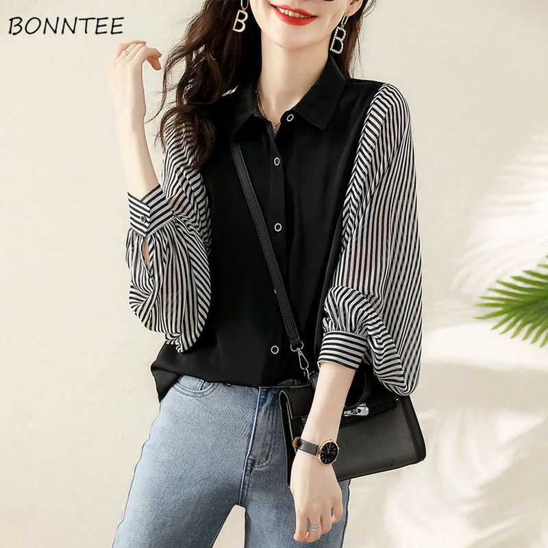 Shirts Women Striped Popular Tops All-match Fashion Korean Casual Simple Female Retro Baggy Long Sleeve Clothing Elegant New Ins