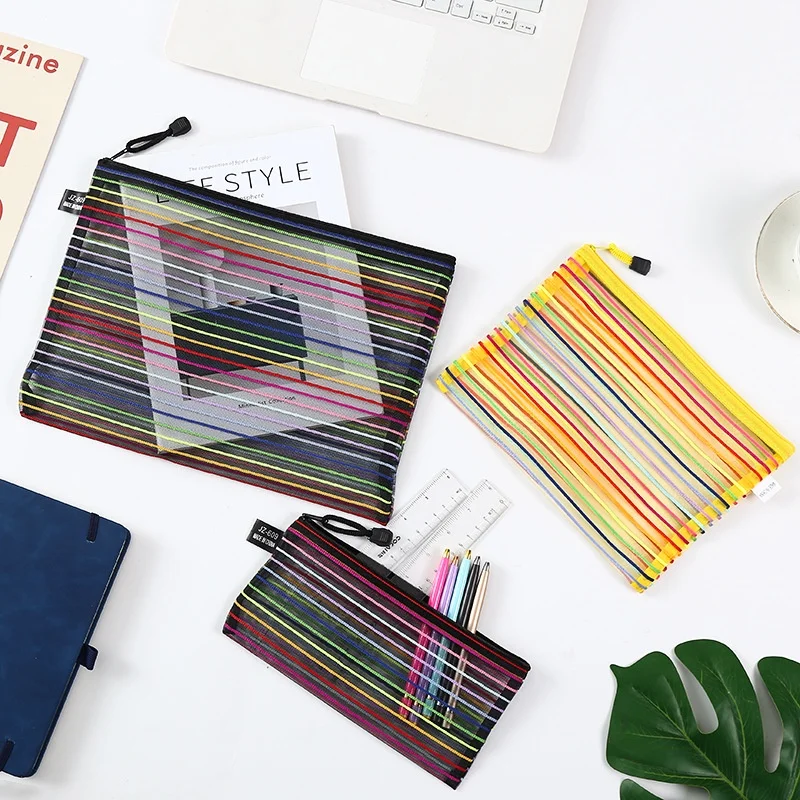 Nylon Pencil Case Simple Rainbow Color Mesh Document Bag Multicolor Zipper Stationery Bag Storage Bag Office School Supplies