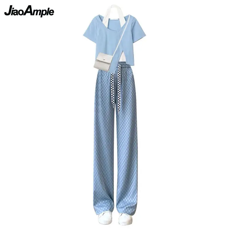 Women's Summer Fashion Fake Two-piece Short-sleeved Top+Pants Suit Korean Chic Elegant New in Matching Sets Female Tracksuit Set