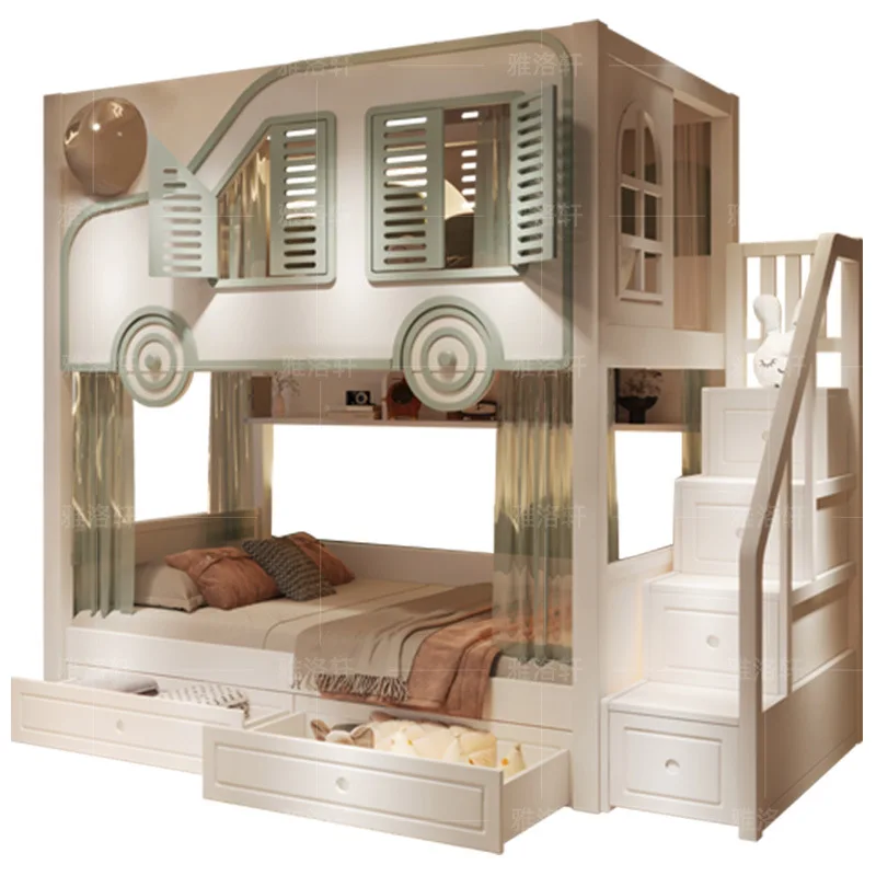 

Children's bed boy up and down bed Bunk bed High guardrail Full solid wood Two floors Upper and lower bunk Car Castle Tree House