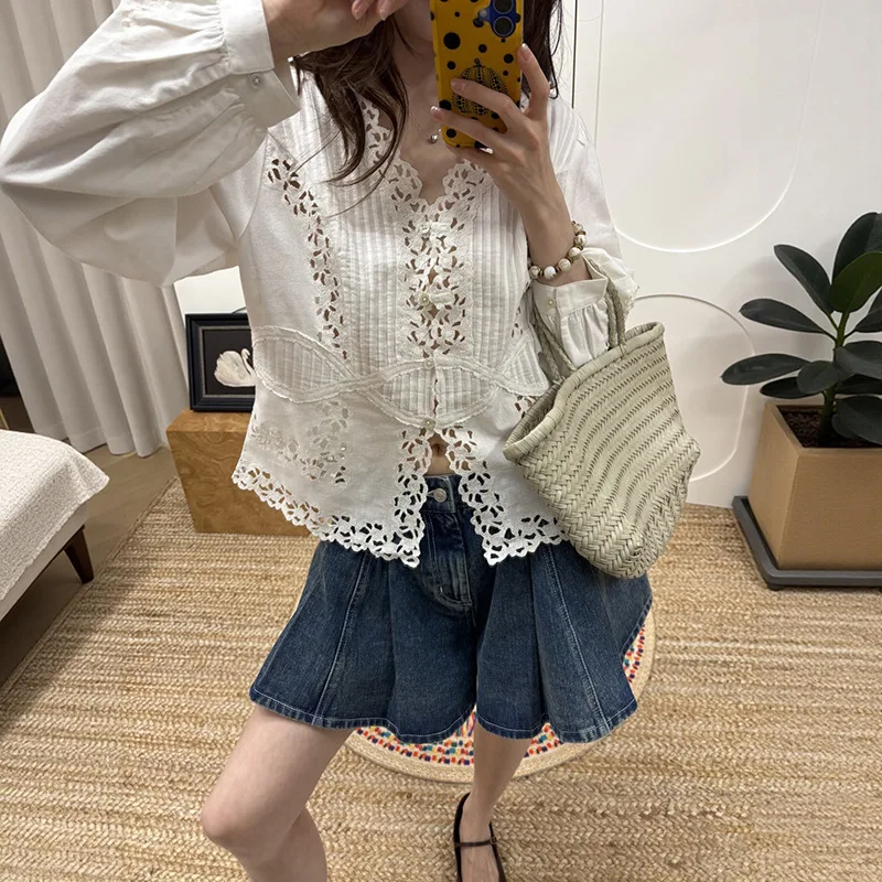 

Withered 2026 Summer Hollow Float Pleated V-neck Single Breasted Woven Strip Waist Cinching Shirt Blouses Women's Clothes Shirt