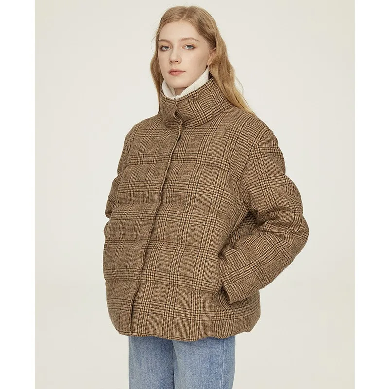 Down Jackets 100% Wool Plaid White Goose Down Coat Autumn Winter Thickening Standing Collar Long Sleeve Bread Coat Short Jacket