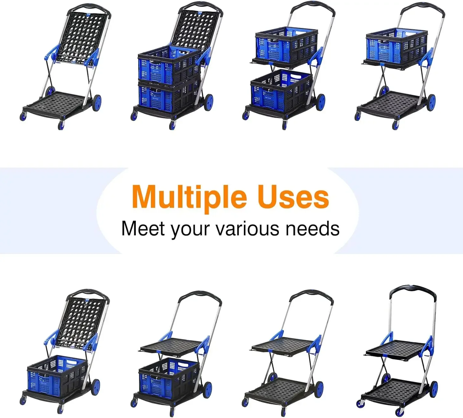 Folding Shopping Cart with 2 Baskets, 2-Tier Dolly Cart with 4 Wheels & Brakes, Adjustable Handle Angle, Max Capacity 200 lbs, f