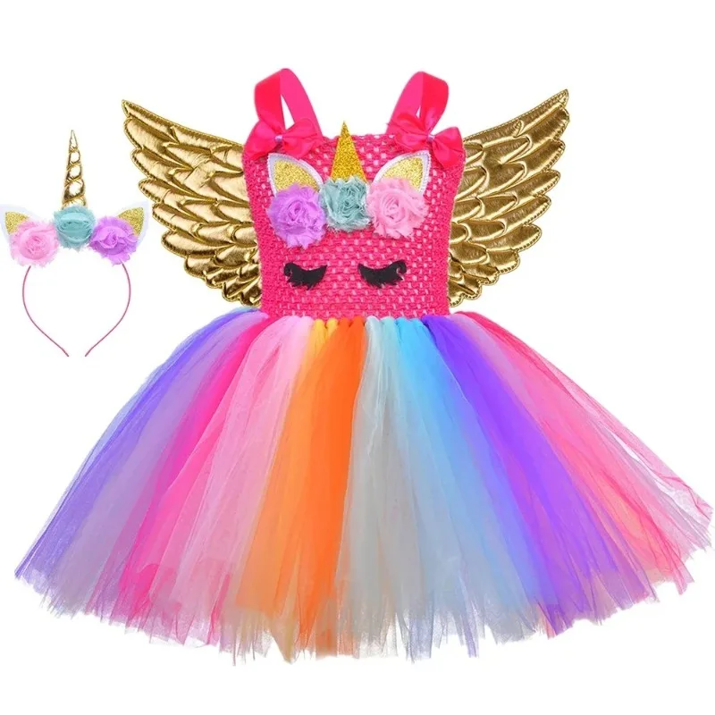 Glitter Blossom Unicorn Princess Tutu Outfit Decorated Rainbow Hues, Ideal for Stage Recitals, Photo Shoots and Dress Contests