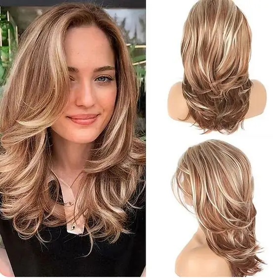 Synthetic Hair Long Blonde Layered Wigs for Women Wavy with Highlight Heat Resistant Fiber