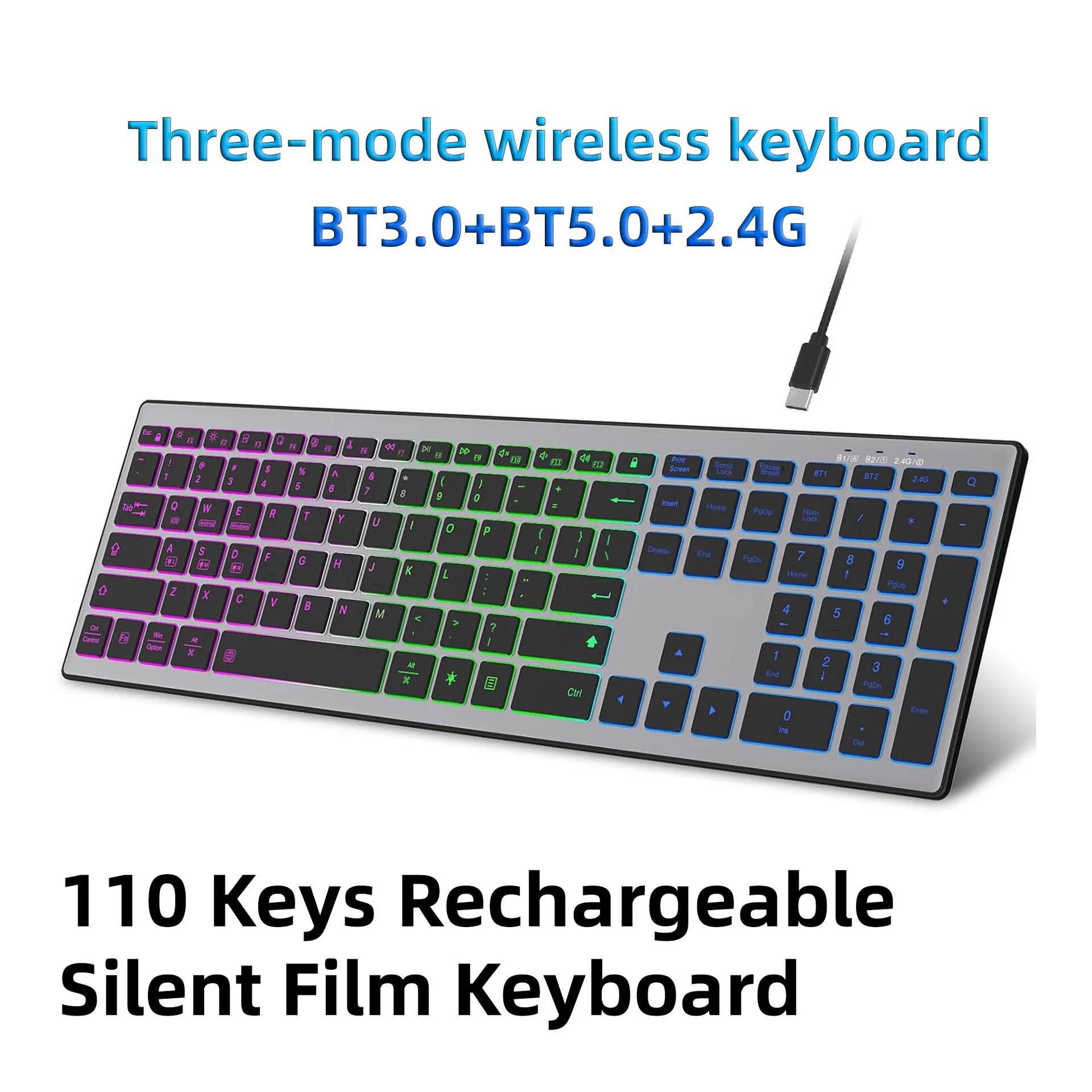 

Three-mode wireless keyboard with 110 keys, colorful backlight, silent design, ultra-thin chocolate, office and home use
