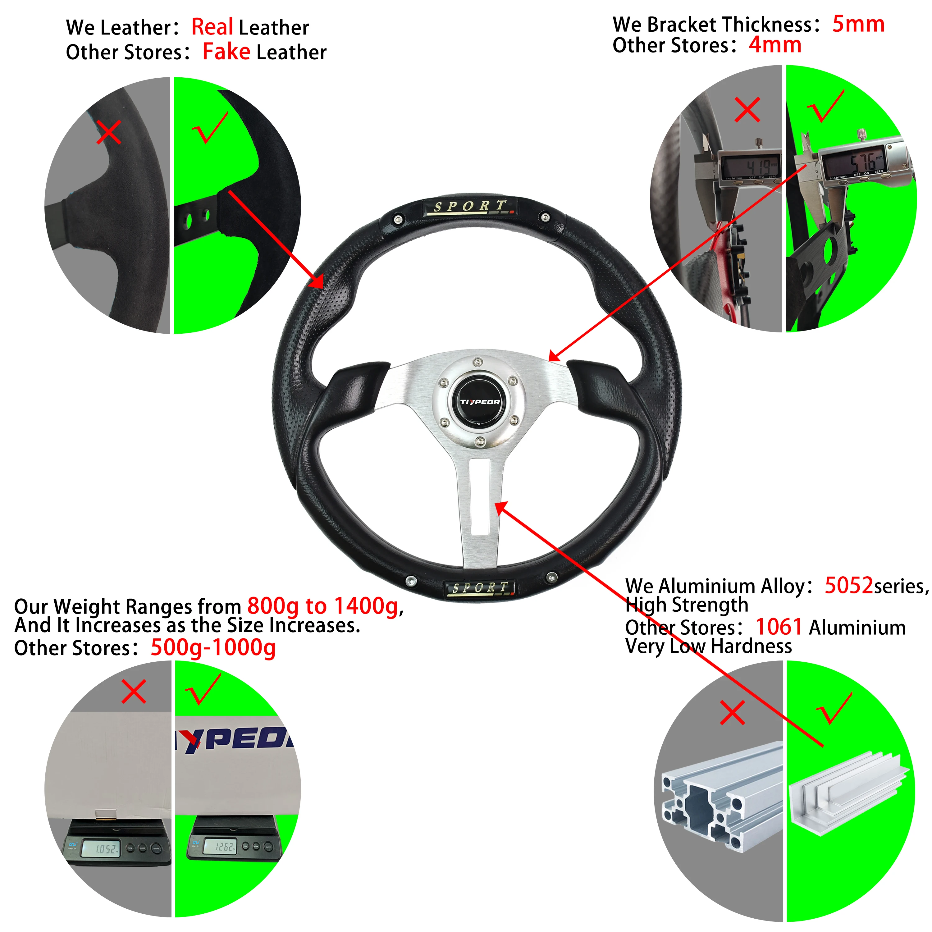 Tiypeor High Quality Car 350mm Universal Steering Wheel in Corn Color for Sports Racing Use New Design Auto Parts