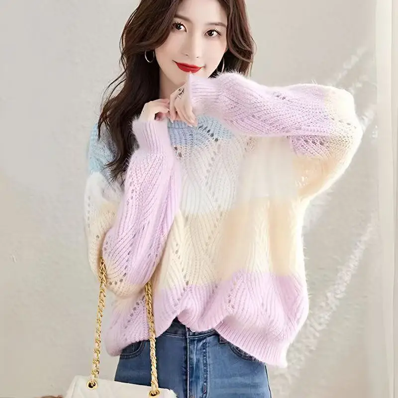 Knitted Pullover Women Sweater Jumper Spring Autumn Long Sleeved Top Loose Gradual Color Stripe Sweaters Female Clothes