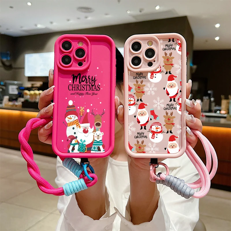 Christmas Pattern Lanyard Rope Phone Case For iPhone 16 15 14 13 12 11 Pro Max X XS XR 7 8 Plus Shockproof Soft Silicone Cover