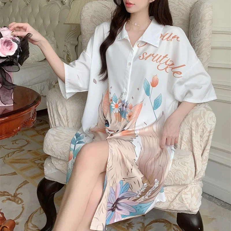 New Women Short Sleeve Ice Silk Sleep Dress Nightgown Plus Size 4XL Pajamas Shirt Fashion Sundress Loose Home Clothes