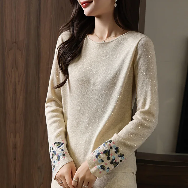 Direct sales embroidery bright silk new worsted wool knitted long-sleeved sweater top bottoming shirt