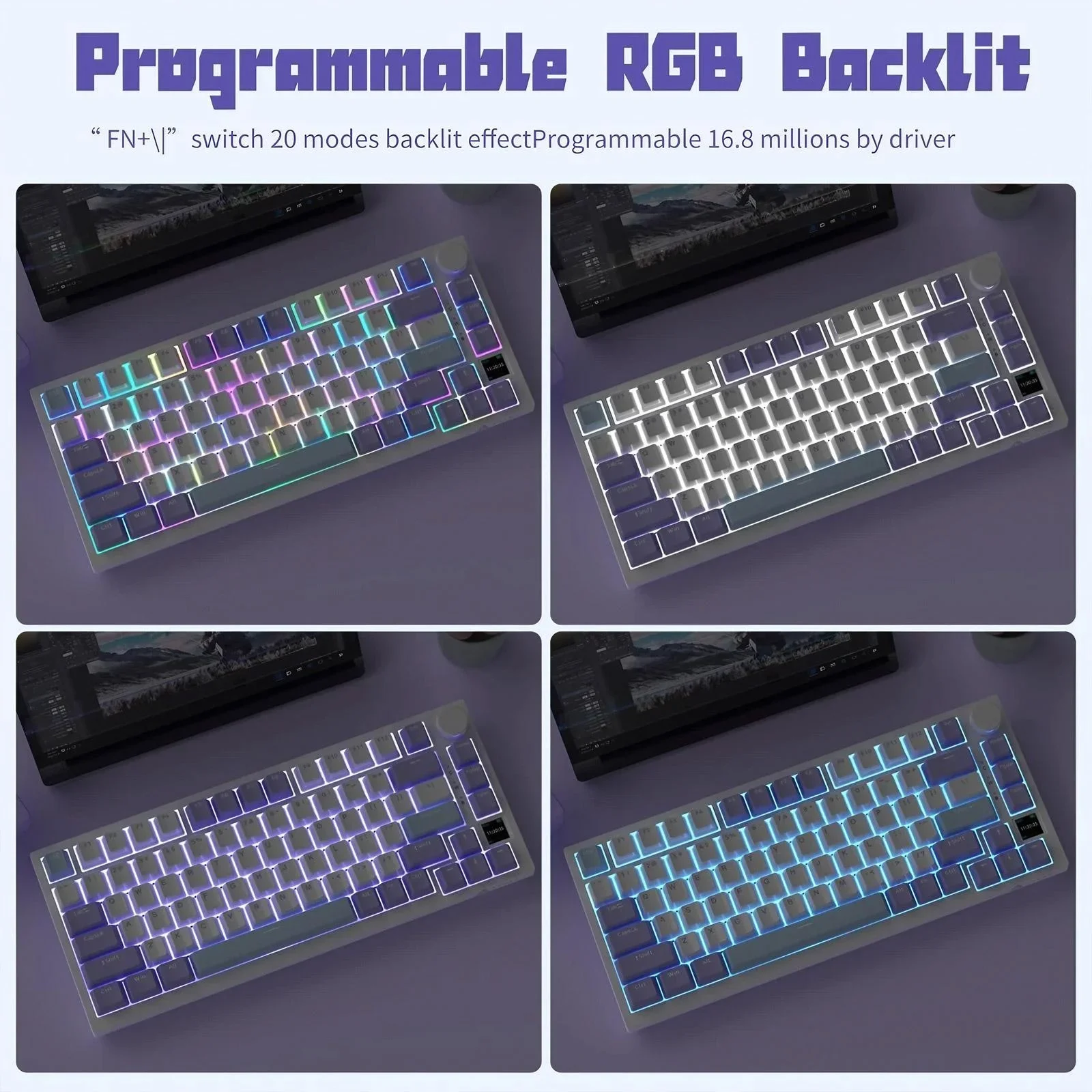 คีย์บอร์ดแบบ Hot Swap 75 ปุ่ม พร้อมไฟ RGB LED หน้าจอ TFT แบตเตอรี่ 4000mAh เชื่อมต่อแบบ BT 24G แบบมีสาย ควบคุมด้วยปุ่มหมุน สำหรับอีสปอร์ต รองรับ Windows และ Mac