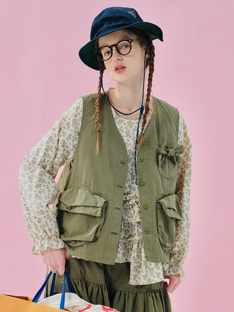 

IMAKOKONI original design cardigan green pocket bow sleeveless jacket versatile vest for women 254994