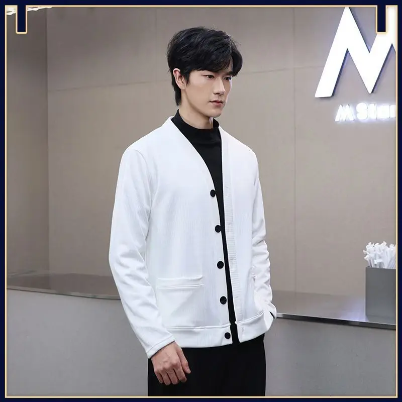 

Мужской вязаный свитер с v-образным вырезом, повседневный воротник в форме сердца, молодежная модная верхняя одежда среднего возраста, летняя одежда из полиэфирного волокна...