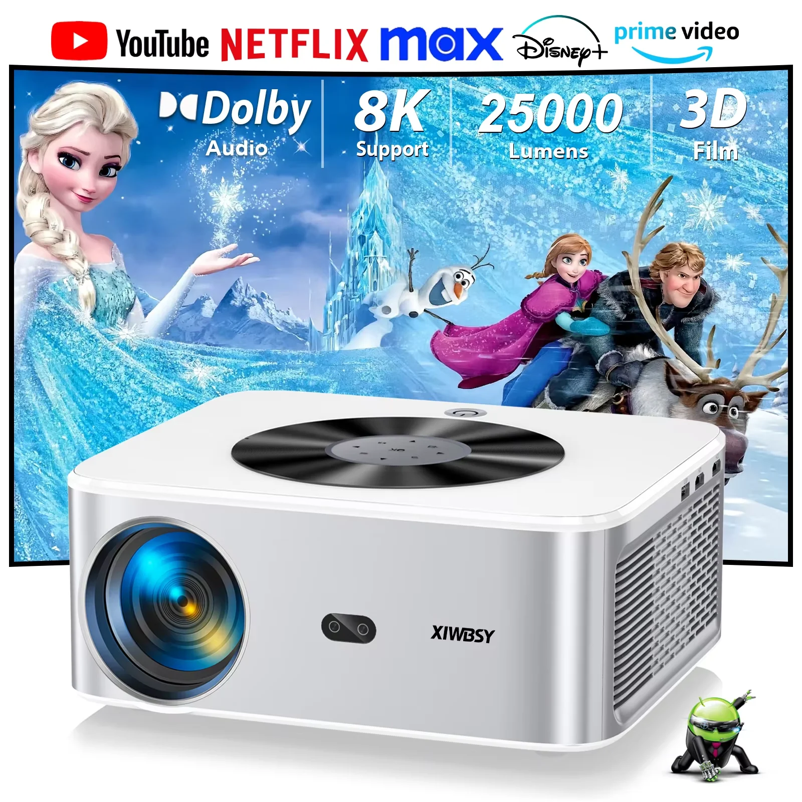 Projektor XIWBSY 1000Ansi z Autofokusem, Bluetooth 5.2, Projektor Android, Dekodowanie Wideo 4K 8K, Audio, Kino Domowe, Przenośny Projektor