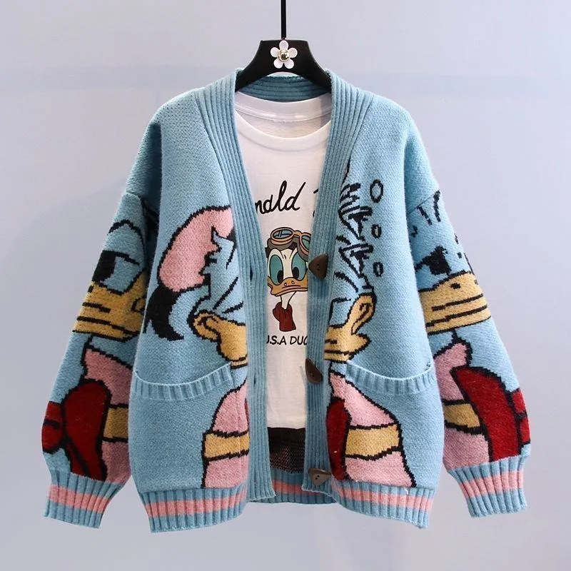 Disney Donald Duck sweater Cartoon Winter Warm Thicken Knit Cardigan Casual Top fashion ladies loose-fitting Long Sleeve Jacket