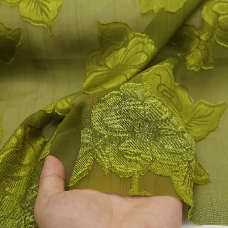 Leichter, transparenter gelbgrüner Pfingstrosen-Chiffon-Stoff für Sommerkleider im chinesischen Stil, Sonnenschutz, DIY-Nähzubehör