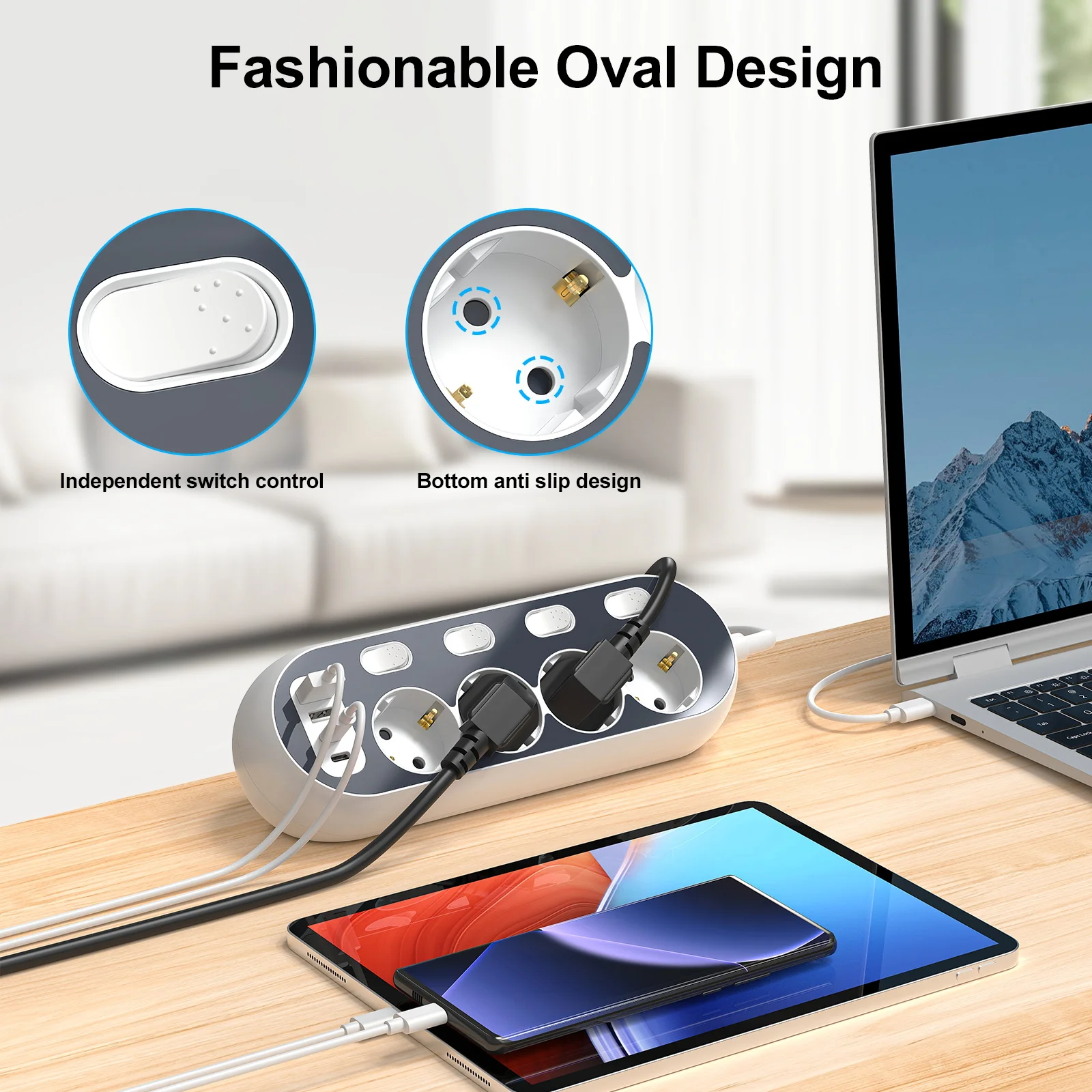 شريط طاقة 8 في 1، 4 مقابس تيار متردد + 2 منفذ USB A + 2 منفذ USB C، شحن سريع 3.4 أمبير، حمايات متعددة، كابل تمديد 2 متر