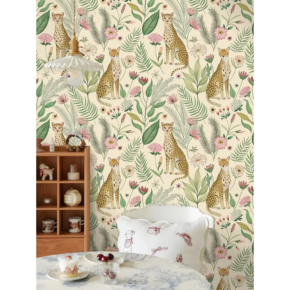 ورق جدران مطبوع عليه زهور وفهد قابل للإزالة، تصميم ليوبارد الغابة الاستوائية لديكور غرفة النوم