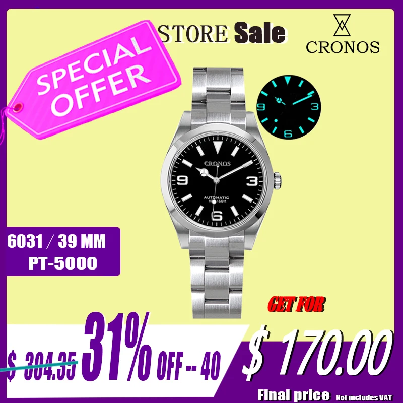 Cronos EX Diver Mechanical Men Watch 39mm Automatic Sapphire Glass Bushed Bracelet PT5000 Movement 10ATM Unisex Automatic L6031