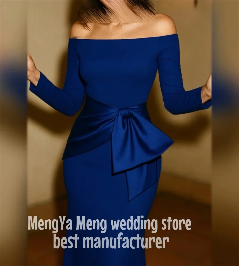 Customized Modern Blue Jersey Evening Dress Temperament Boat Neck Off the Shoulder Long Sleeves Party Dress Soft Celebrity Gowns