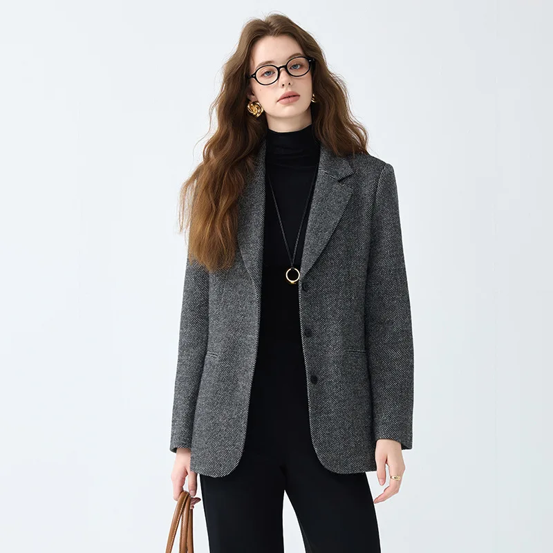 High quality woolen women blazer long sleeve jacket single breasted autumn winter 2025 elegant office clothes grey brown