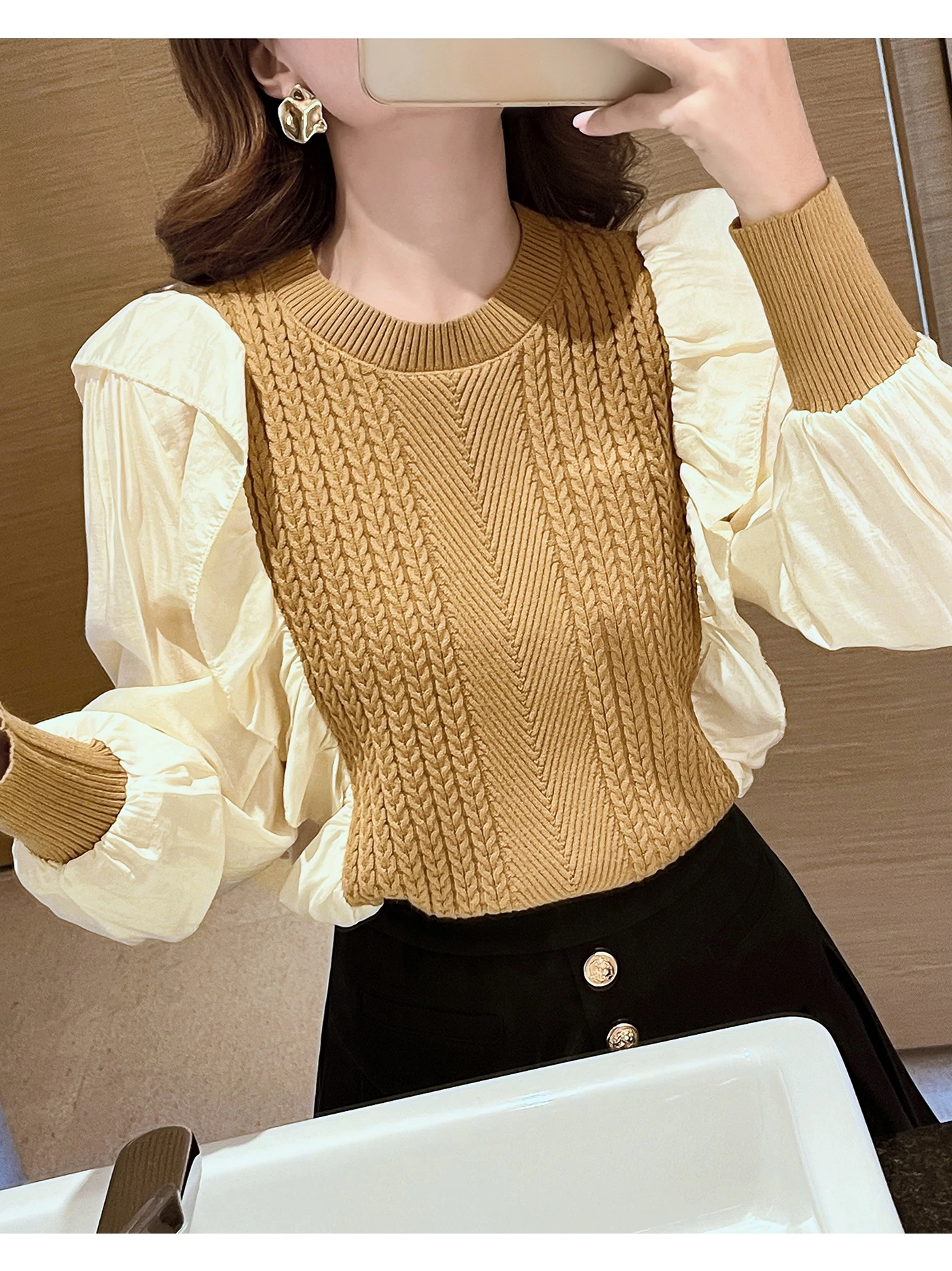 2024 Autumn and Winter New Ruffled Chiffon Spliced Puff Sleeve Fake Two-piece Twist Sweater Bottoming Women's Sweater Top