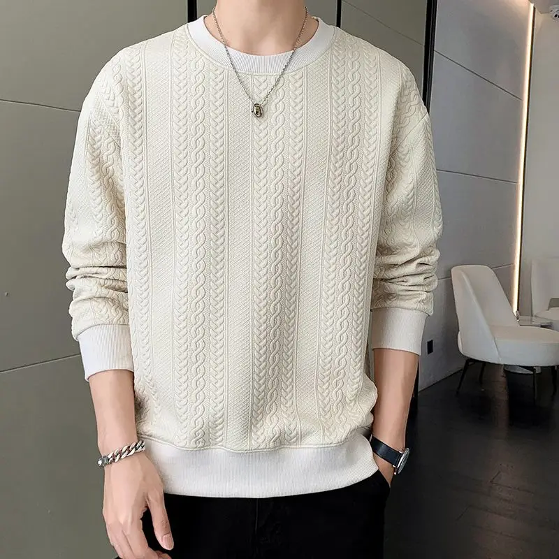 Men Sweatshirt Long Sleeve T-shirt  Autumn 2023 New Jacquard Trendy Male Clothing Loose Large Size Youth T-shirt