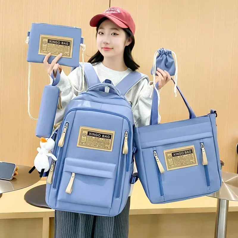 5-piece Free Pendants Large Capacity Backpack School Students College Style Korean Version Multi Piece Set Trendy Street Style