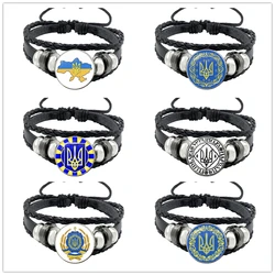 Tryzub Ukraine Button Leather Bracelet Ukrainian Rune Vintage Patterns 20mm Glass Cabochon Jewelry for Men Women Classic Gift