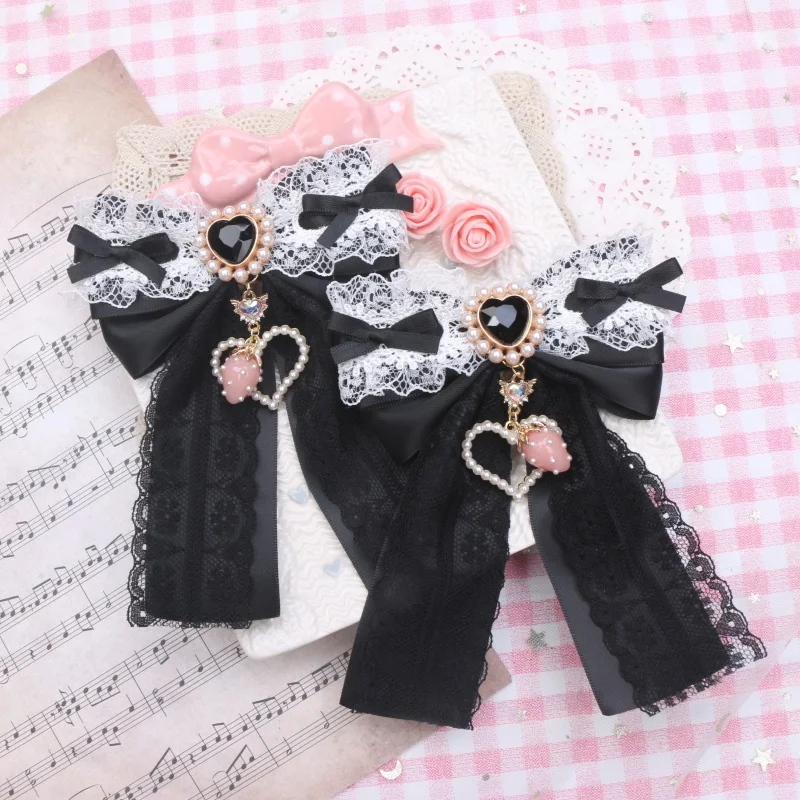 Lolita Style Hairclips Y2K Girl Handmade Bow Lace Ribbon Bowknot Hair Clip with Strawberry Heart Accessories Pendant