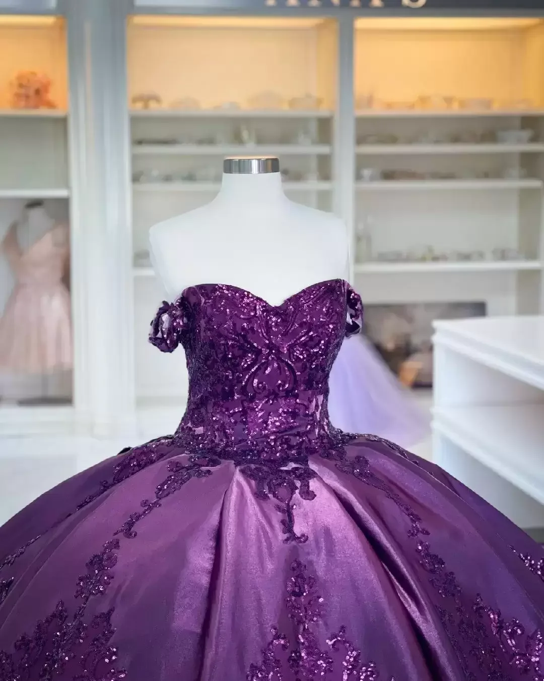 ANGELSBRIDEP-vestido de baile sem ombro, renda lantejoulas, vestido de festa com aplique, roxo escuro, vestidos Quinceanera, Bling, Lace Bling