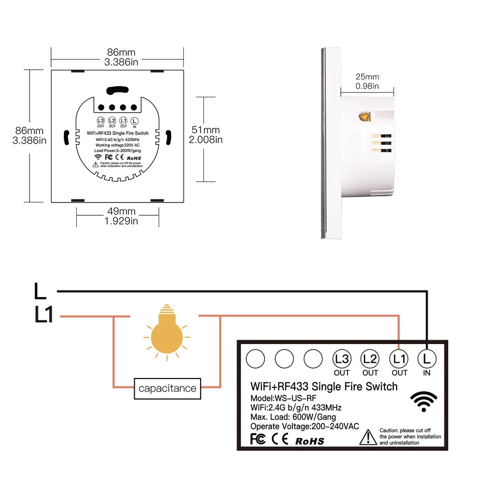 NEW WiFi Smart Light Switch RF433 No Neutral Wire Single Fire Smart Life Tuya App Control Works with Alexa Google Home 220V EU