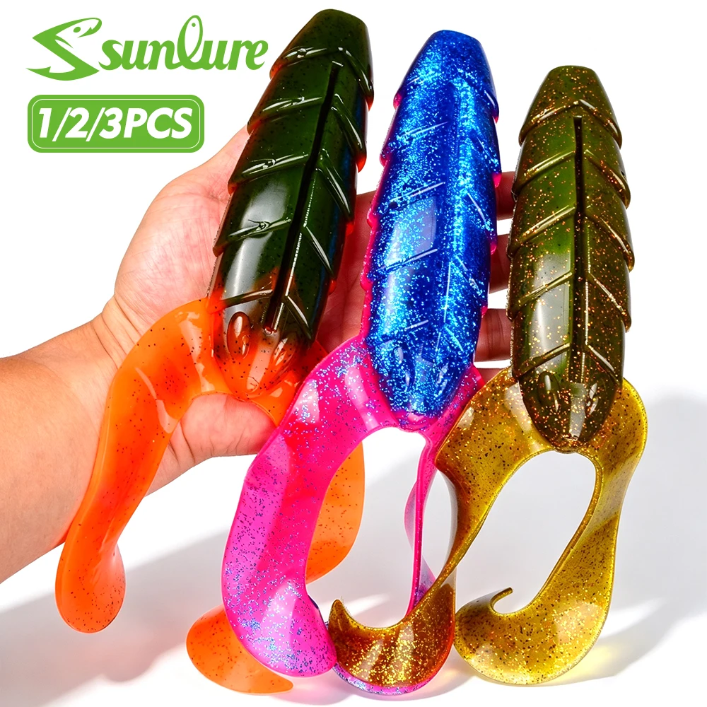 Image of Sunlure 1/2/3 Stück Großer Doppel-Lockenschwanz-Köder aus Silikon, Weicher Plastikwurm mit Geripptem Körper, Künstlicher Salzwasser-Angelköder