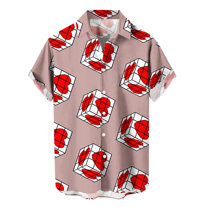 Camisa informal con estampado 3D de amor para hombre, Top de manga corta con solapa de Estilo Hawaiano, ropa de playa transpirable