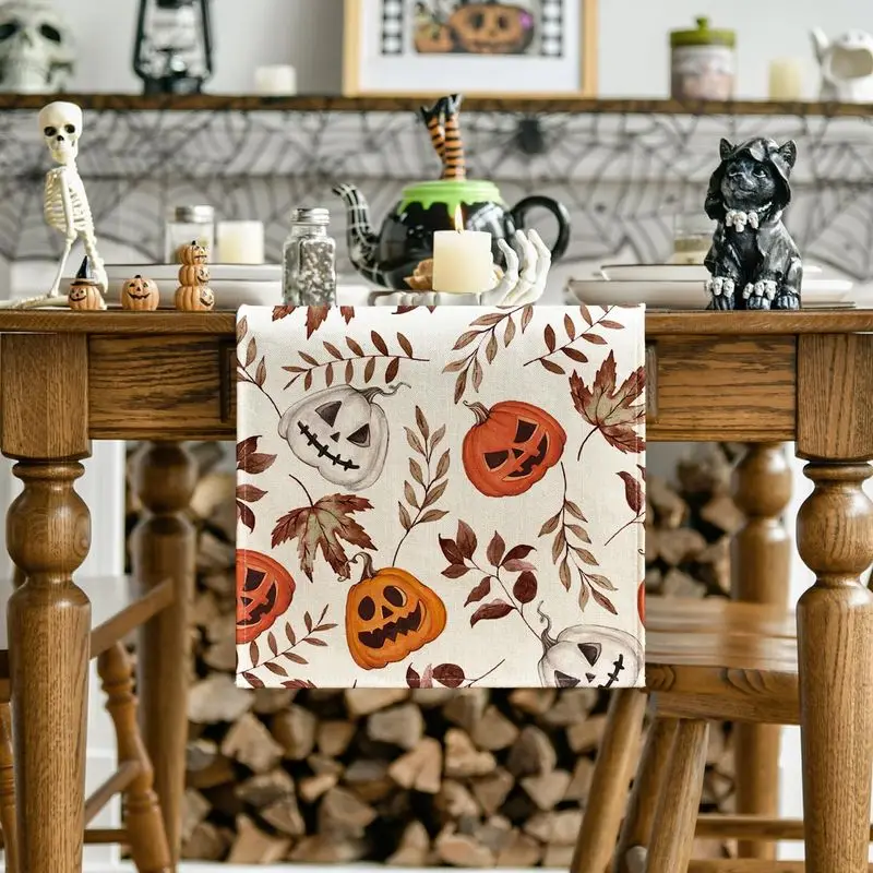 VIKAMA Halloween Fall Table Runner Jack O Lantern Pumpkin Maple Leaf Foliage Dining Table Home Farmhouse Holiday Party Decor