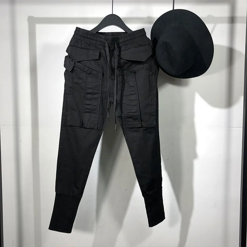 Avant-Garde Spring and Autumn Dark Men's Solid Color Multi-Pocket Close-up Overalls Street Style Fashion Stretch Casual Pants