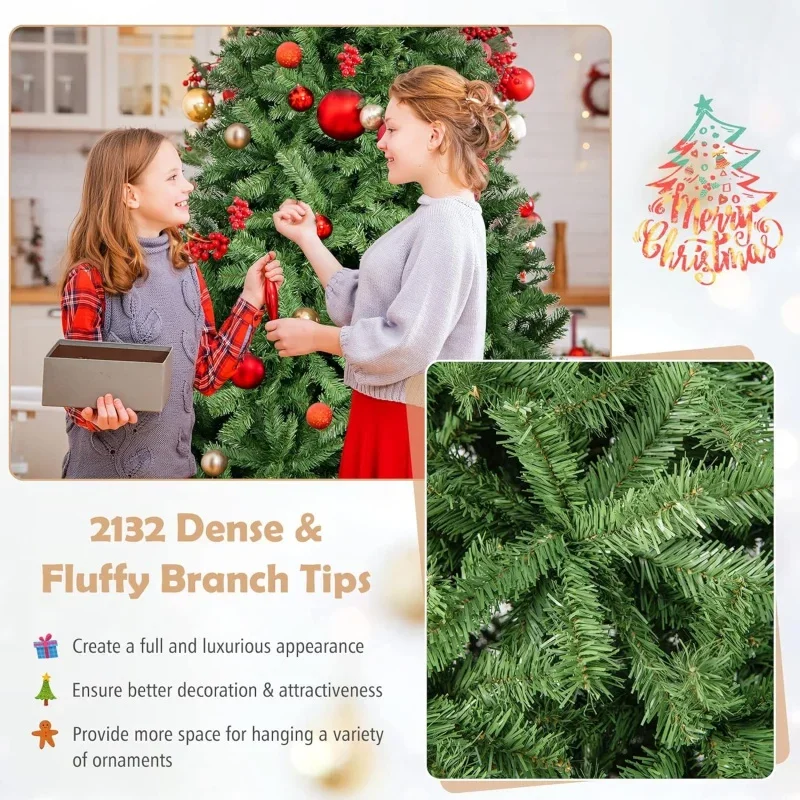 9FT Artificial Christmas Tree, Premium Hinged Xmas Tree with 2132 Branch Tips, Metal Stand, Christmas Pine Tree for Indoor and O