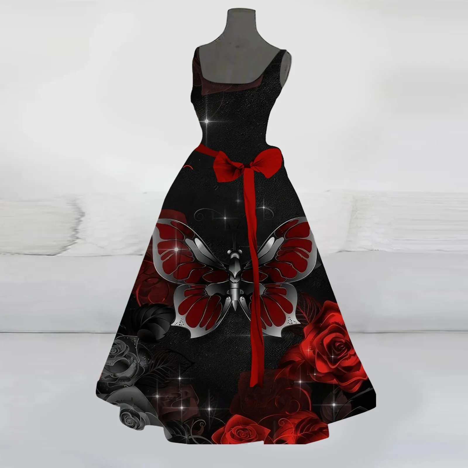 

Women Halloween Costume Elegant Print Sleeveless High Waisted Bow Flared Dress 2024 Tunic Cocktail Party Dresses