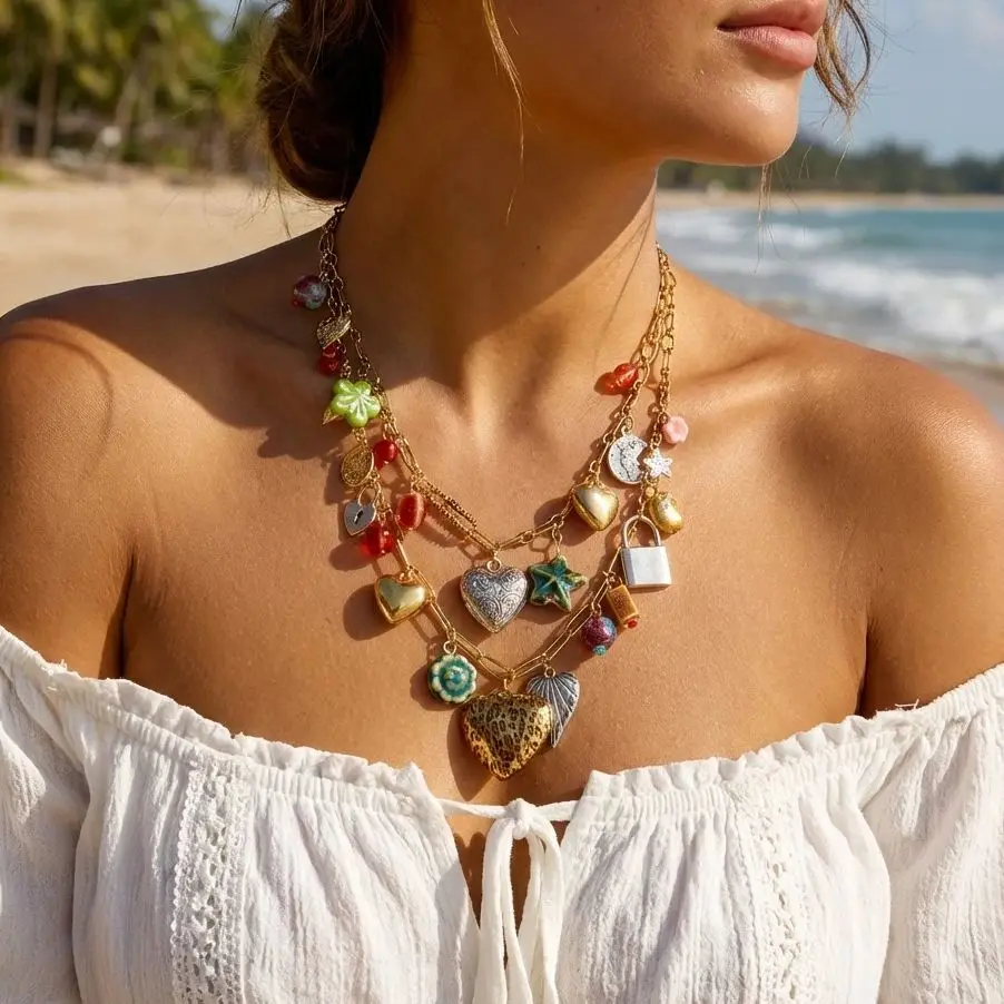 

Bohemia Multilayer Leopard Heart Shaped Flower Lock Pendant Necklace for Women Retro Metal Chain Choker Party Vacation Jewelry