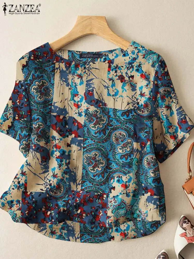 ZANZEA Summer Vintage Bluzka z krótkim rękawem Kobiety Bohemian Tops Tunic Retro Party Blusas Chemise Casual Floral Printed Work Shirt