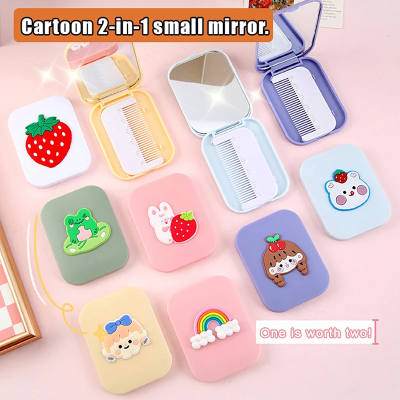 1Pcs Cartoon Portable Flip Folding Makeup Mirror With Pull-out Type Comb For Girl Gift Makeup Tools Travel