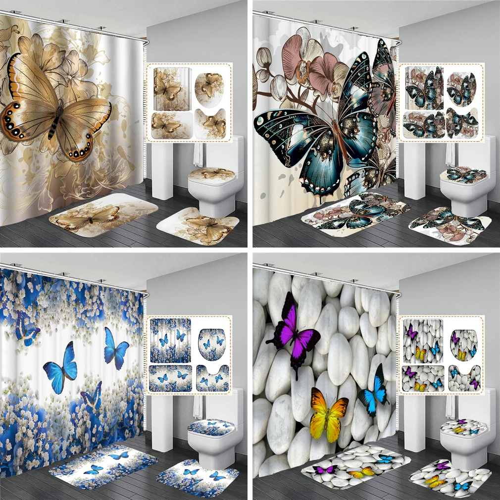 

Занавеска для душа с бабочкой, полиэстер, водонепроницаемая занавеска для ванной комнаты, набор ковров, нескользящий коврик для кухни/ванной, товары для ванной комнаты