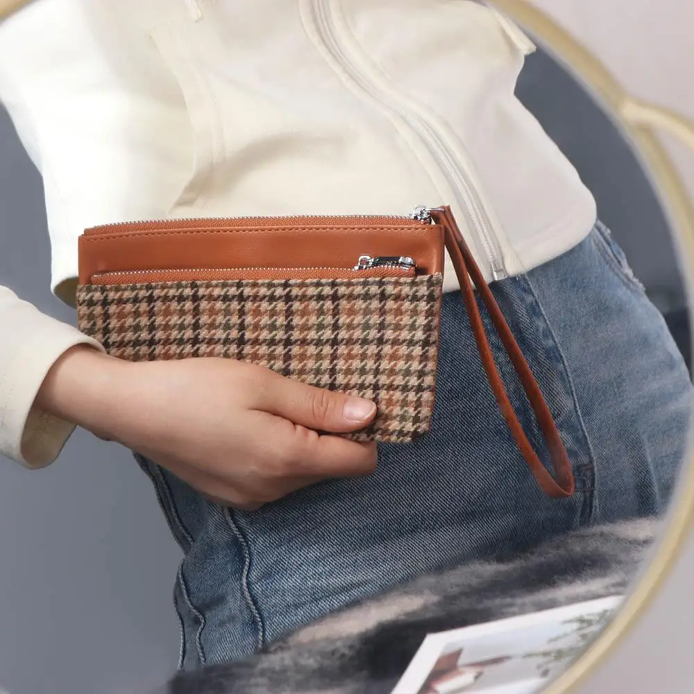 

Korean Style Zipper Clutch Wallet Coin Pocket Clutch Bag Retro Houndstooth Handbag Credit Card Holder Coin Purse