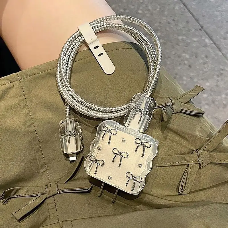 5Pcs Cute Silver Bowknot Charger Protector Set Anti Break Cable Wrap Perfect For Girls Protecting Chargers Daily Use