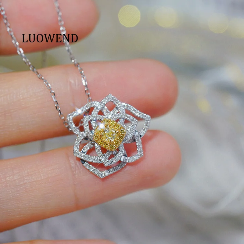 

LUOWEND 100% 18K White Gold Necklace Women Real Natural Yellow Diamond Pendant Necklace Vintage Flower Design High Party Jewelry