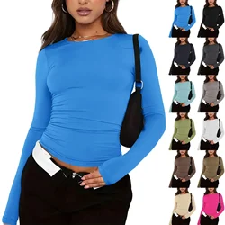 Sexy Goth Tshirt Solid Color Round Neck Long Sleeve T-Shirt Slim Pullover T Shirt Streetwear Base Shirt Blouses Tops for Women