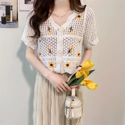 Sheer Crochet Cardigan Embroidery Floral Short Sleeve Button Front Open Knit Top Blouse Women Summer Fairycore Aesthetic Outfit