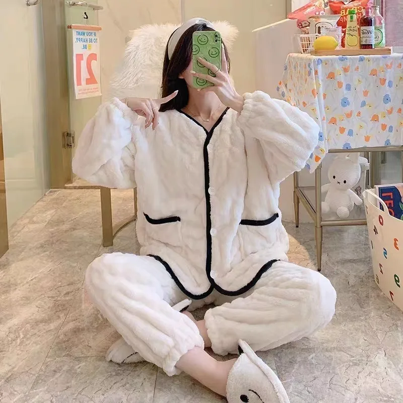 

Пижамный комплект для женщин, утолщенный коралловый бархатный бархатный кардиган, студенческая одежда для дома, комплект из 2 предметов, теплая одежда для сна на зиму, большой размер