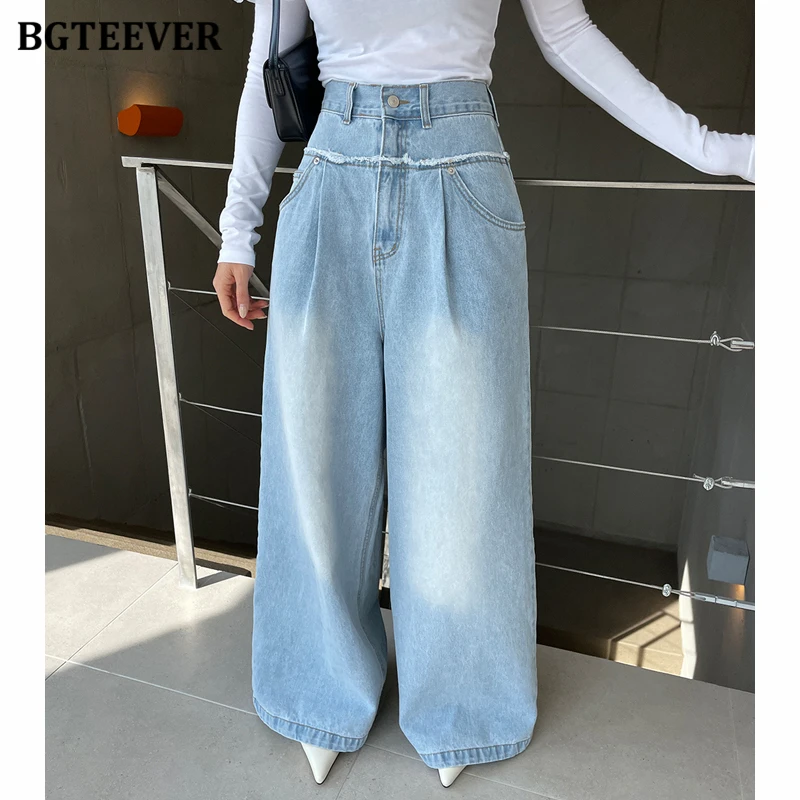 

BGTEEVER Vintage High Waist Loose Wide Leg Jeans for Women Spring Summer Pockets Female Denim Trousers